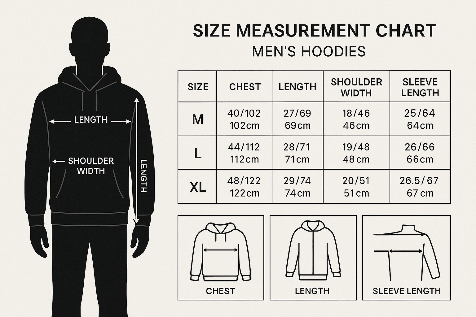 hoodie Size: M, L, XL male  body  Measurement chart
