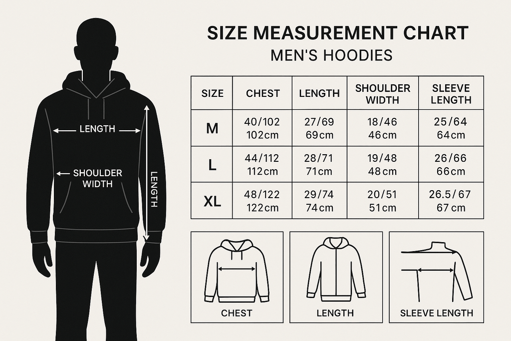 hoodie Size: M, L, XL male  body  Measurement chart 
